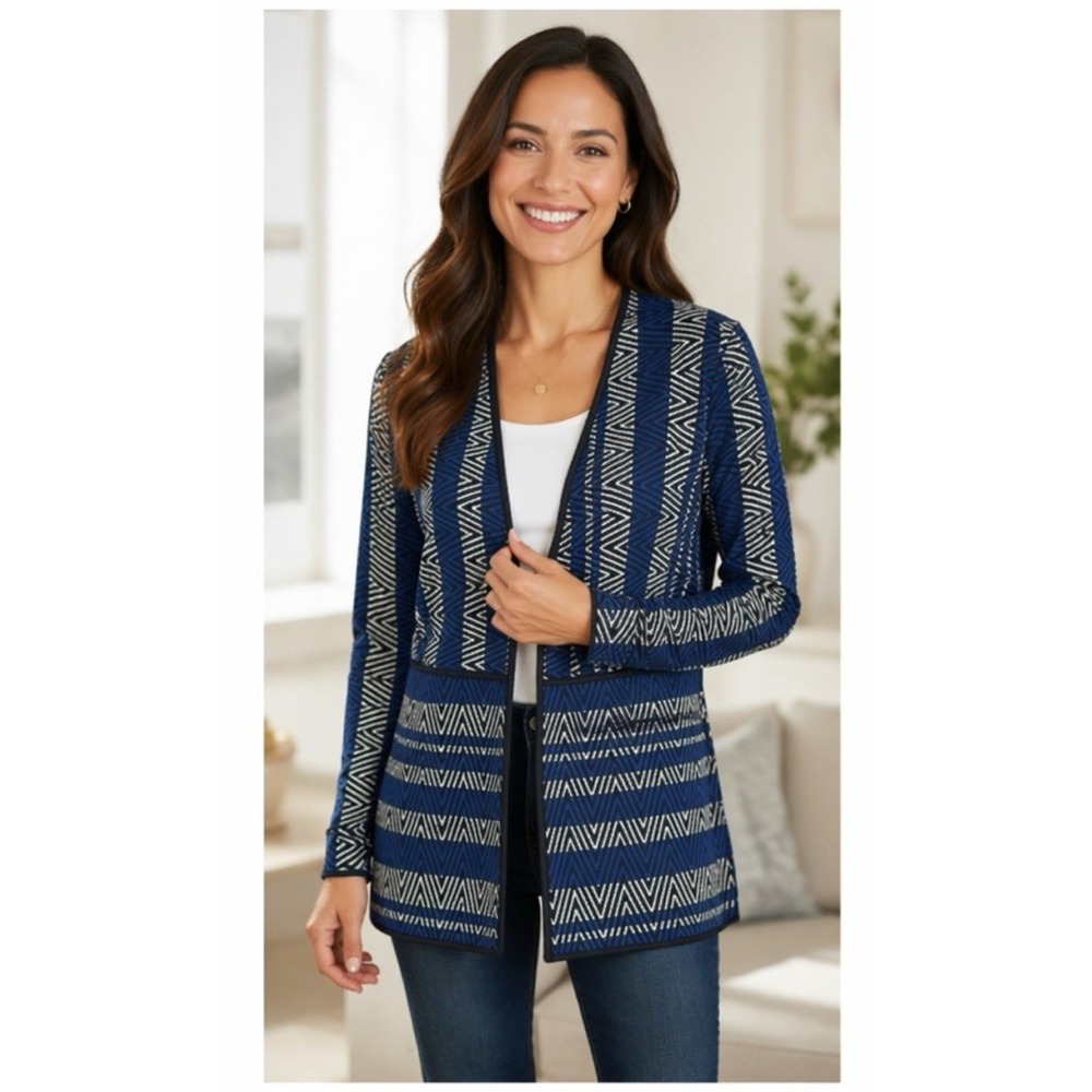 Dana Buchman Cardigan Jacket Women XL Blue Black Geometric Chevron Open Front